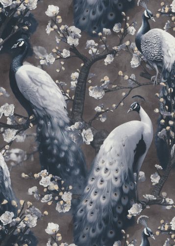 Barna alapon tört fehér színű páva mintás Vlies tapéta, Play of Light 10414-15