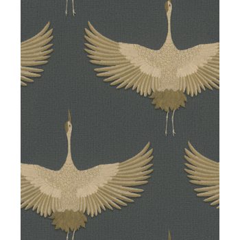   Sötétszürke alapon arany színű darumadár mintás Vlies tapéta, Kumano 1834532