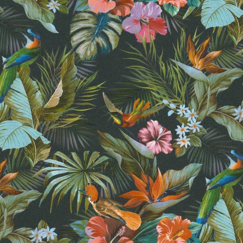 Fekete-zöld színű növényi mintás vlies-vinyl tapéta, Eldorado 15517