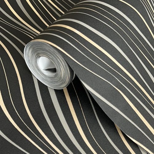 Fekete-arany színű hullámmintás Grandeco vlies-hab tapéta A75002