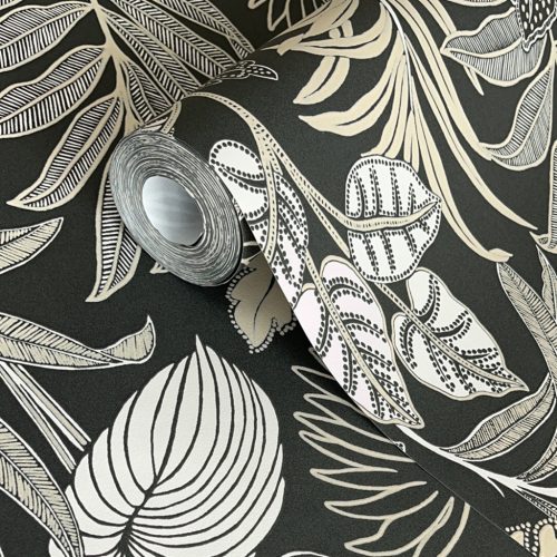 Fekete-bézs színű növényi mintás Grandeco vlies-hab tapéta 2026