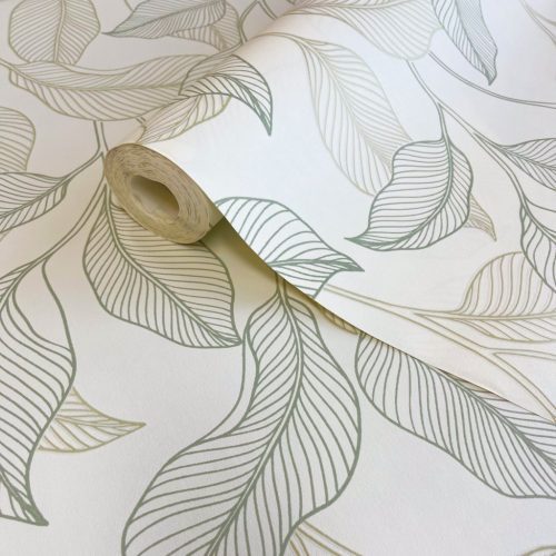 Fehér-zöld színű levélmintás Grandeco vlies-hab tapéta 2026 A74902