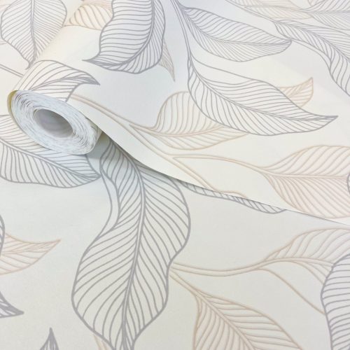 Fehér alapon kék-bézs színű levélmintás Grandeco vlies-hab tapéta 2026 A74901